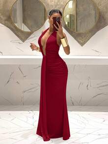 Slaydiva 2025新款优雅深V领美人鱼连衣裙，适合派对、生日、酒吧、夜店、情人节、万圣节、圣诞节等场合 - 棕色 - 紅色 - 查看 3