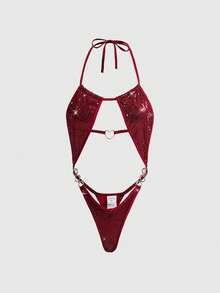 ROMWE Grunge Punk Gothic Punk Sequin Halter Jumpsuit - Burgundy - View 1