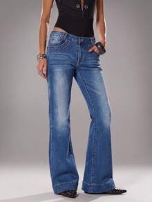 TRNVIE Damen Mode Jeans mit tailliertem Bund und weitem Beinverlauf - Blau - Übersicht 7