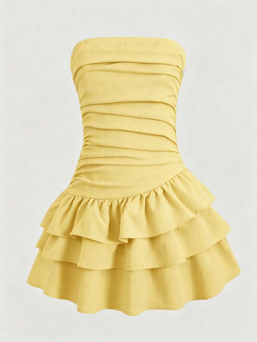 SHEIN Girlism Tween Girl/Tween Girls' Summer Casual Vacation Minimalist Comfortable Layered Ruffle Trim Tube Top Dress - Yellow - View 1