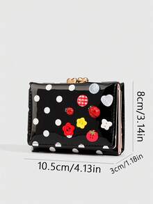 ROMWE Kawaii 1 Buah Dompet Pendek Modis Dopamin Lucu dengan Motif Polkadot & Kancing, Tempat Kartu Motif Kumbang Musim Semi dan Musim Panas, Dompet Lipat Tiga Elegan dengan Klip Logam, Dompet Pendek Kompak untuk Wanita, Hadiah Kembali ke Sekolah, Pengatur Kartu Harian Portabel - Hitam - View 2
