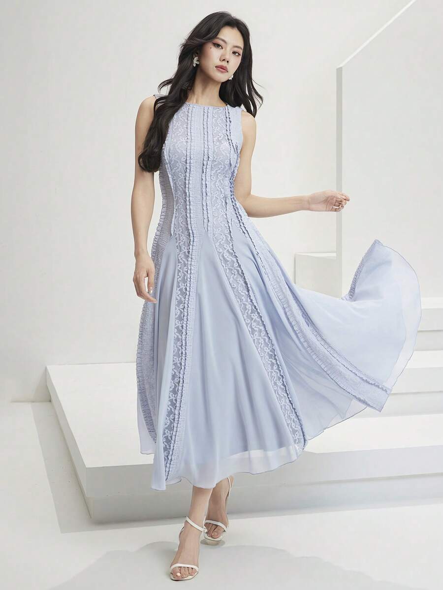 Heiryn Women's Elegant Lace Ruffle Dress, Suitable For Dates And Travel - Gray Blue - View 1