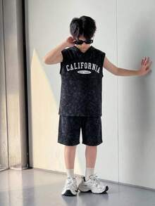 2pcs Kids Tween Boys Comfortable Casual Street Fashion Letter Graphic Hooded Sleeveless Tank Top Tee And Shorts Set, Suitable For Indoor, Outdoor, Daily, Sports, Play, Party, Photo, Holiday, Spring/Summer - Grey - View 2