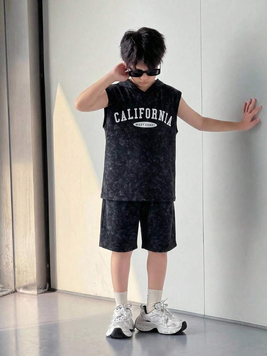 2pcs Kids Tween Boys Comfortable Casual Street Fashion Letter Graphic Hooded Sleeveless Tank Top Tee And Shorts Set, Suitable For Indoor, Outdoor, Daily, Sports, Play, Party, Photo, Holiday, Spring/Summer