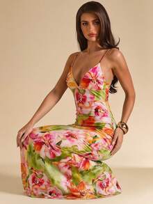 SHEIN BAE Damen Sommer V-Ausschnitt Rüschen Blume Muster Rückenfreies Kleid mit Bindeträgern, Meerjungfrau-Saum elegantes Urlaubskleid, Strandresort-Kleid, rückenfreies Blumenprint-Maxikleid, Sommerkleid, Boho-Kleid - Grün - Übersicht 7