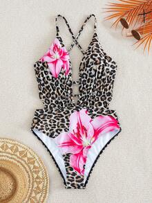 Swim SXY Springbreak Swim Vcay 女士性感深V露背交叉绑带连体泳衣，度假印花 - 棕色 - 查看 5