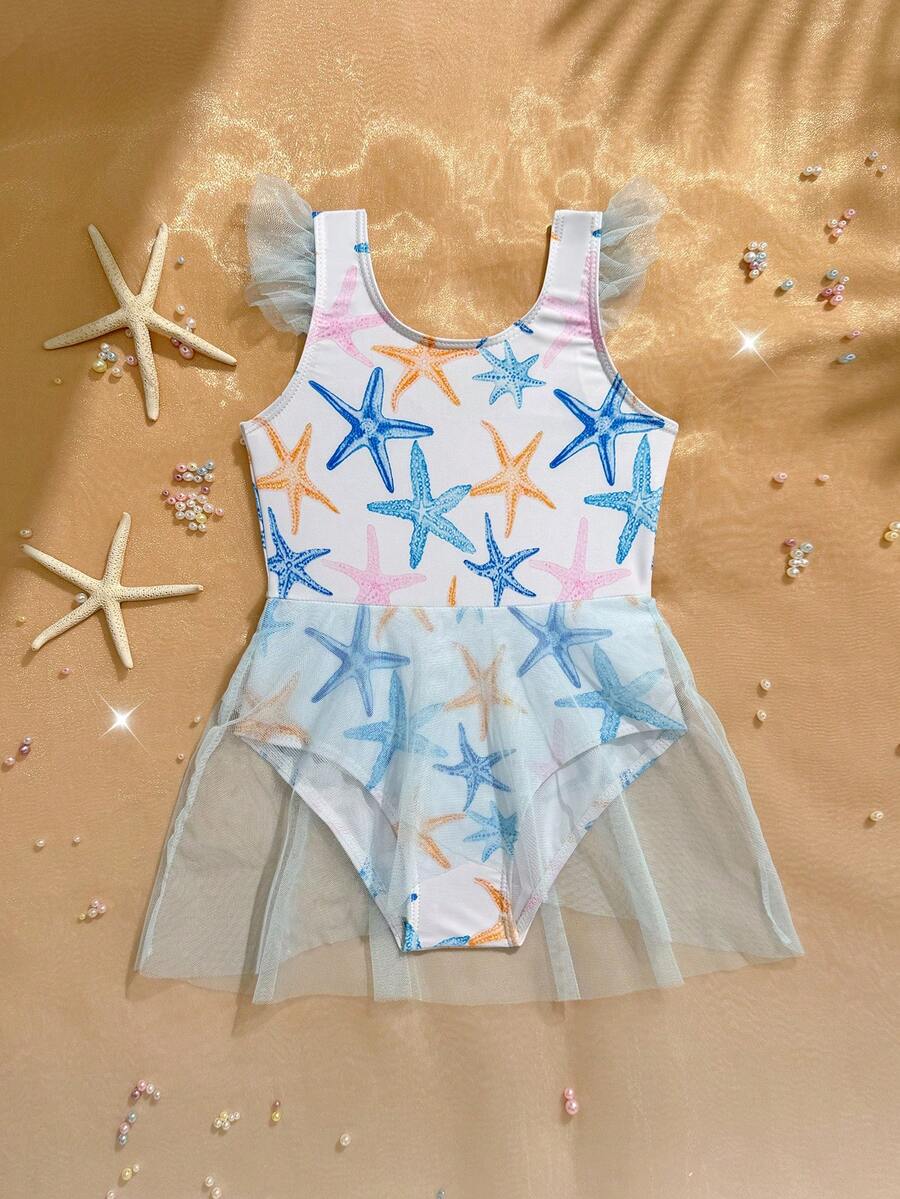 SHEIN Girls' One-Piece Swimsuit With Starfish Print,Mesh Ruffle Hem Romper Swimwear For Summer,Beach,Holiday,Pool,Surfing,Vacation,Quick-Dry Knit Fabric - Multicolor - View 1