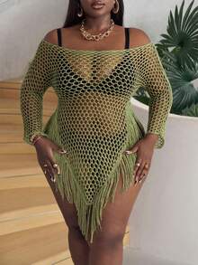 Slaydiva Plus Size Women Casual Knitted Off-Shoulder Tassel Asymmetrical Hem Long Sleeve Sexy Sweater Dress In Fall/Winter - Green - View 4