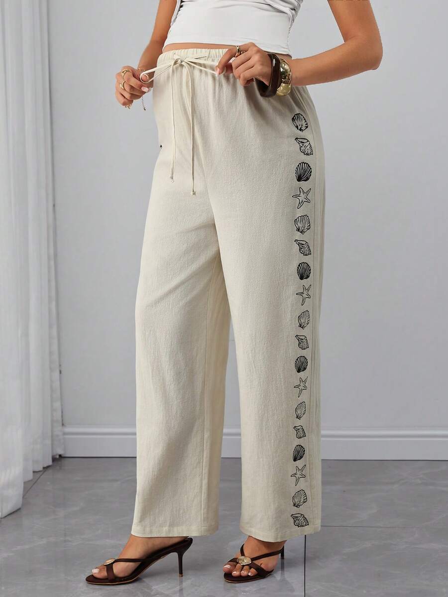 Women's Summer Drawstring Waist Starfish & Shell Print Casual Versatile Maternity Wide Leg Pants - Apricot - View 1