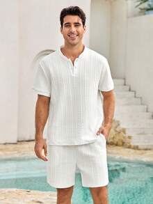 Mercer Haus Men's Comfortable Jacquard Fabric Polo Collar Short Sleeve Top And Drawstring Shorts 2 Pieces Casual Set - White - View 4