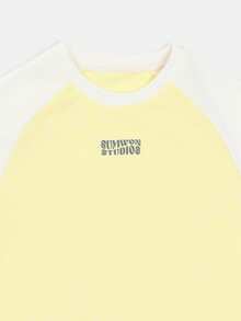 SUMWON Boys Color Block Raglan T-Shirt And Shorts Co-Ord Set With Chest Print Summer Casual Two Piece Outfit Yellow White Matching Set - Yellow - View 3