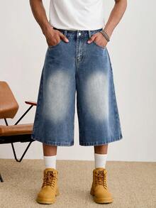GALLERY FADE Men's Mid-Blue Casual Street Letter Print Denim Capri Pants - Medium Wash - View 2