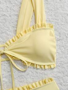 Swim Mod Conjunto de bikini de 2 piezas con estampado floral aleatorio y tirantes halter para señoritas jóvenes - Amarillo claro - Ver 5