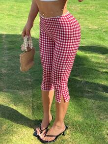 SHEIN PETITE CURVE Plus Size Women's Red Plaid Knit Elastic Leggings - Multicolor - View 2