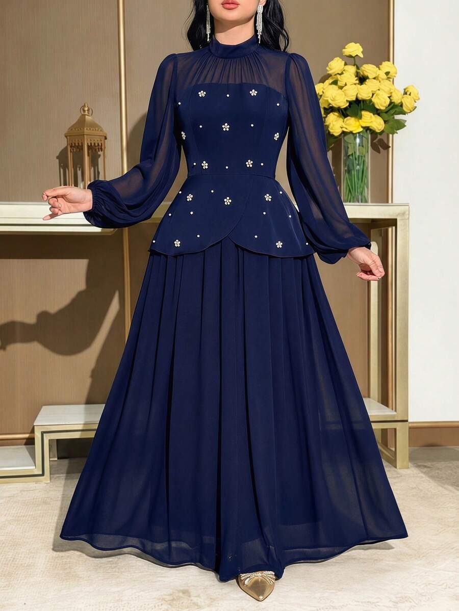 Modelyn Đầm dài tay thanh lịch đính ngọc trai dành cho nữ - Màu xanh hải quân - Xem 1