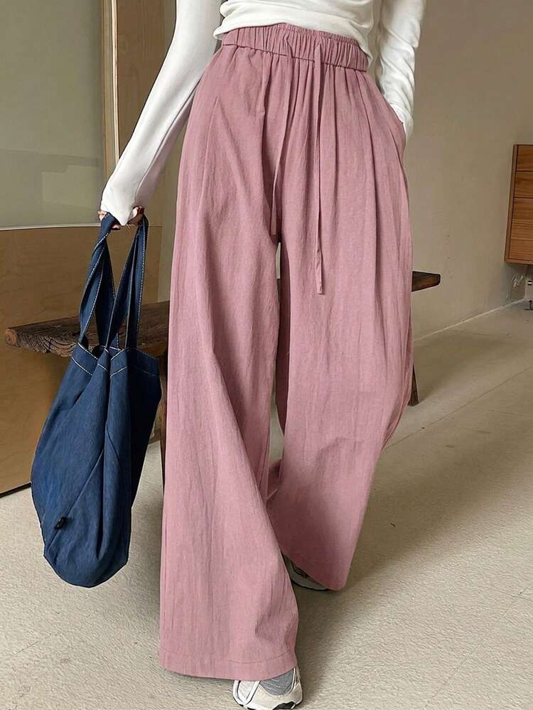 Women's Loose Solid Color Elastic Waist Casual Wide Leg Pants, Summer