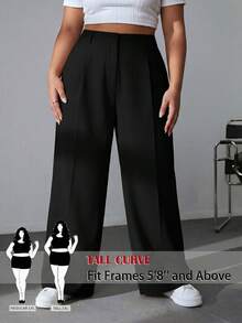 SHEIN Tall CURVE 大码女式纯色休闲简约阔腿裤，适合日常穿着 - 黑色 - 查看 2