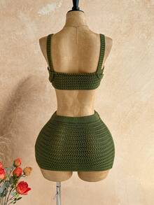 SHEIN WYWH Bộ áo len tua rua đi nghỉ mát dành cho nữ, 2 món. - Màu xanh Ô liu - Xem 2