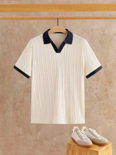HIMLAND Men's Fashionable Versatile Contrast Color V-Neck Short Sleeve Polo Shirt