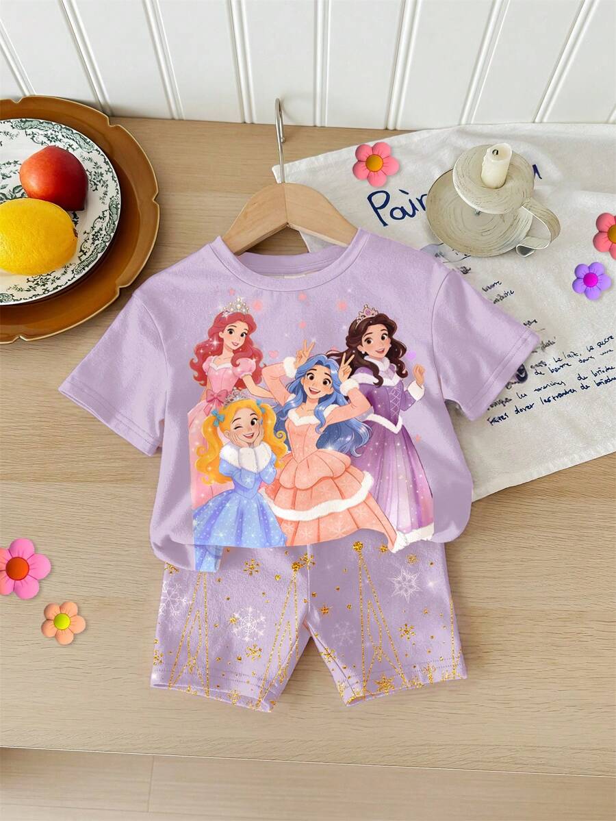 Conjunto de camiseta de manga corta y pantalones cortos suaves y cómodos con cuello redondo para niña, estampado con purpurina brillante y copos de nieve, estilo princesa, apropiado para primavera/verano, vacaciones, festivales, con vibraciones de primavera y verano, estilo princesa, conjunto de camiseta gráfica floral, nuevo estilo, relajado, vibraciones de primavera, verano relajado, estilo femenino - Blanco - Ver 1