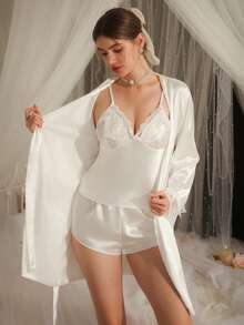 四件套睡衣套装：刺绣V领缎面吊带裙、吊带背心、短裤和浴袍，新娘内衣套装，秋冬服装 - 白色 - 查看 4