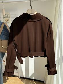 Comfortcana Plus Size Retro Brown Short Trench Coat With Collar, Suitable For Spring And Autumn - Brown - View 3
