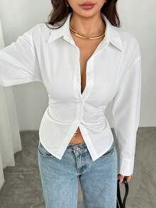 SHEIN PETITE Women's Elegant White Long Sleeve Shirt,Tie-Waist Cinched Striped Blouse,Casual Office Commuter Work Attire,Bohemian Vacation Summer Blouses ,Petite Women - White - View 3