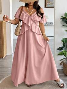 Vionelle Plus Size Women's Dusty Pink Summer Boho Spaghetti Strap Dress, Elegant Ruffled Criss-Cross Off-Shoulder Long Dress, Wedding Vacation Guest Tea Party - Baby Pink - View 4