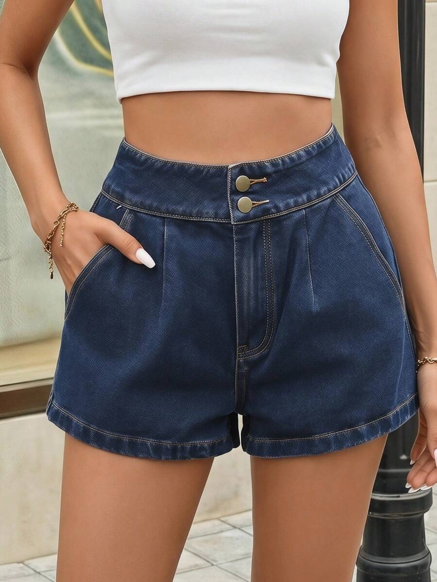 Selenza Women's Blue Pleated High Waist Casual Denim Shorts For Summer - Blue - View 1