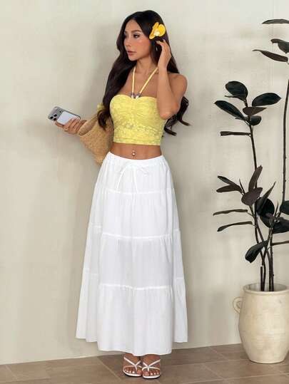 SHEIN PETITE 纯色休闲长裙 白色