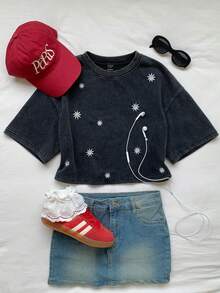 Comfortcana Women's Casual Floral Embroidery Washed Round Neck Drop Shoulder T-Shirt, Summer,Summer Top - Black - View 6
