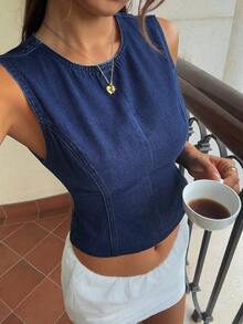 Livesso Áo denim nữ cổ tròn buộc dây phía sau, kiểu dáng thường ngày, đa năng, thích hợp mặc hàng ngày. - Rửa tối - Xem 2