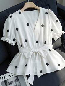 Franclia Plus Size Women's French Casual Elegant Polka Dot V-Neck Short Sleeve Blouse Tea Party Brunch Bussines Wedding Date Night Summer White - Black and White - View 1