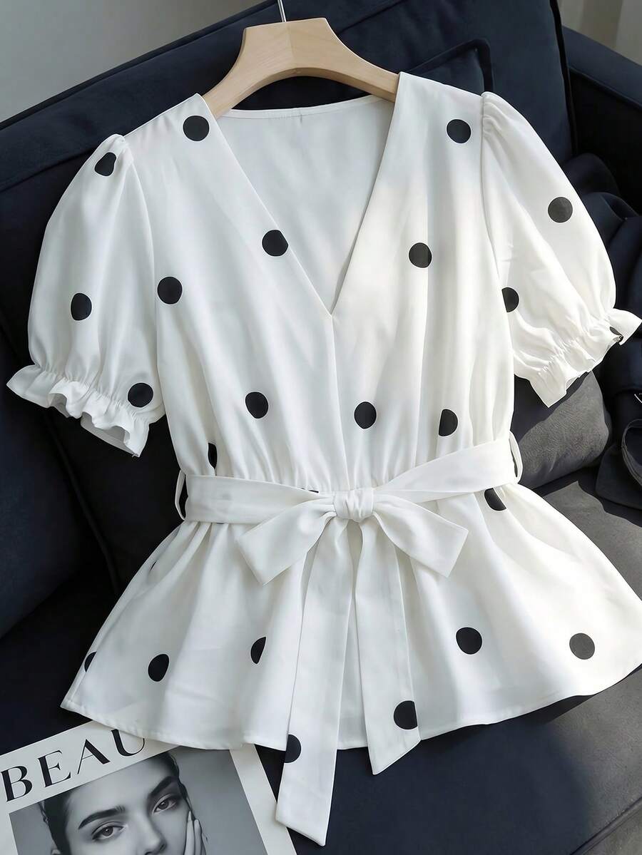 Franclia Plus Size Women's French Casual Elegant Polka Dot V-Neck Short Sleeve Blouse Tea Party Brunch Bussines Wedding Date Night Summer White - Black and White - View 1