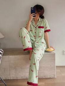 Napfluff Contrast Color Bow Striped Print Lapel Red Button Short Sleeve Top And Pants PJS, Pink Striped Pink Bow Print PJS, Suitable For Home Wear - Green - View 4