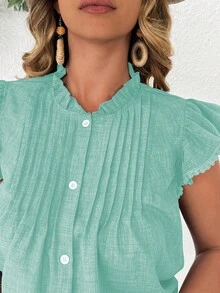 Weeklong Plus Size Solid Color Casual Retro Pleated Ruffle Flare Sleeve Top And All-Over Print Shorts 2 Piece Set - Mint Green - View 7