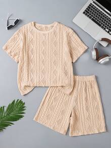 SHEIN 2pcs Tween Boy Casual Tan Textured Fabric Round Neck Short Sleeve T-Shirt And Shorts Set,Summer School Back-To-School Outfit,Daily Sports Wear - Multicolor - View 5