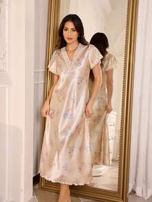 LuxeNights Floral Print Faux Silk Contrast Lace Trim Elegant Plus Size Nightgown - Multicolor - View 3