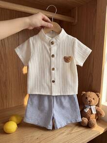 SHEIN Vintaside Kids Neugeborenen Baby Jungen Gentleman Stil Kurzarm Outfit, minimalistisch künstlerische Lässig Sommerkleidung für Säuglinge - Blau-Weiß - Übersicht 4