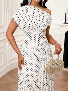 SHEIN Lady Plus Size Women's Polka Dot Pattern Asymmetric Neck Pleated Hem Elegant Dress - Black and White - View 4