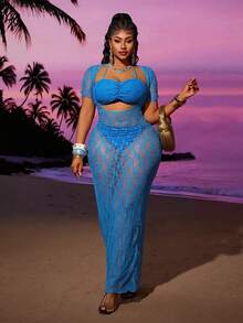 Maweii Conjunto de cubrecuerpo y cubrecuerpo de encaje de unicolor con cuello halter, talla grande, para vacaciones y playa - Azul - Ver 5