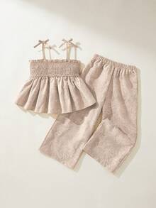 Maija Kids Maija Kids 两件套儿童/女童优雅休闲度假校服宽松舒适编织白色条纹花卉图案吊带背心和裤子套装，适合日常穿着、返校、旅行、运动、春夏季节。 - 卡其色 - 查看 2