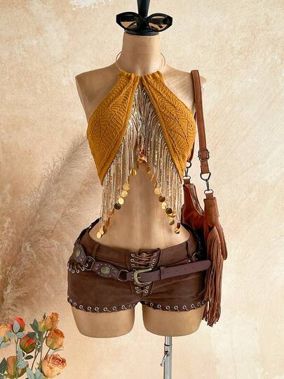 Soleia Sexy Halter Circular Ring Chain Knit Blouse, Bohemian, Boho, Vacation, Vintage, Holiday, Beach, Cruise