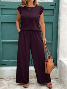 SHEIN Clasi 2pcs Women Plus Size Dark Purple Set,Autumn Smart Casual Everyday Ruched Shirt & Wide Leg Elastic Waist Pants,Elegant Outfit Matching Two Pieces Sets - Purple - View 7