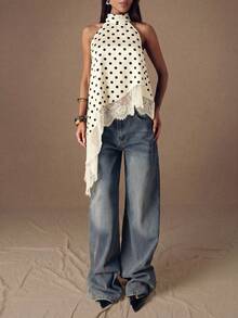 Top de satén con parches de encaje y espalda descubierta, elegante y apropiado para fiestas, cócteles, ocasiones formales, Navidad y vestimenta casual de negocios - Albaricoque 3 - Ver 3