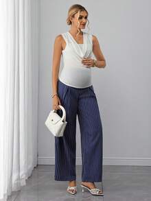 Quần bầu hỗ trợ bụng, quần ống thẳng kẻ sọc - Màu xanh hải quân - Xem 7