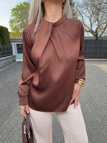 Jeta Ari Neuer asymmetrischer Langarm-Top mit hohem Kragen und Raffung für Frühling/Sommer, schick, elegant, urbaner Alltag, romantisch im 90er-Jahre-Retro-Stil, geeignet für Valentinstag-Party, Strand, Abschlussfeier, Mode, Lässig, Romantik, passend als Hochzeitsgast, Gastgeber, Date, Party, Konzert, Brunch, Flughafen, Mehrzweck - Braun - Übersicht 3