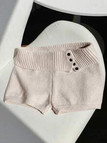 Comfortcana Women's Low-Rise Knit Shorts With Button Details And Rolled-Up Cuffs, Suitable For Spring And Summer. Short Pants - Apricot - View 5
