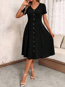 SHEIN Clasi Đầm nữ cổ chữ V cài cúc, chấm bi đỏ, thắt eo, thích hợp cho mùa xuân, ngày Valentine. - màu đen - Xem 6