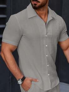 Manfinity Homme Men's Solid Color Regular-Shoulder Short Sleeve Casual Summer Button Front Shirt, Formal - Grey - View 5